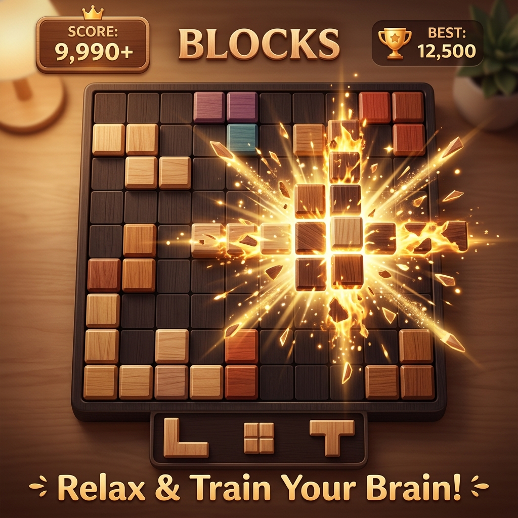 Blocks square promotional artwork showing the wooden board and a line-clearing explosion