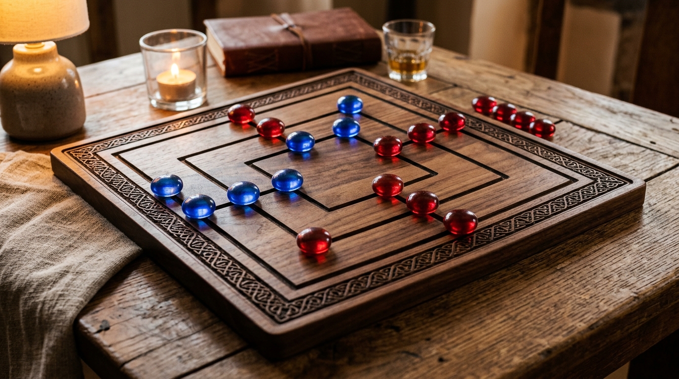Wooden Mills board on a rustic table with red and blue pieces arranged mid-match