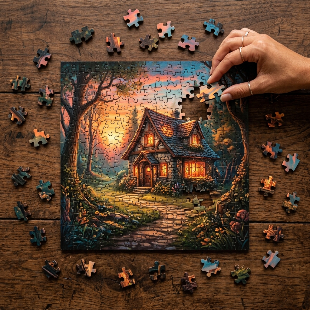 Wooden puzzle artwork with a hand placing the final piece into a glowing cottage scene