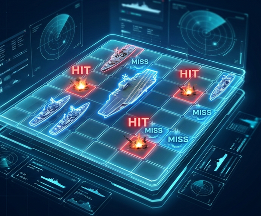 Tactical naval grid with glowing ships, radar overlays, and missile impact markers