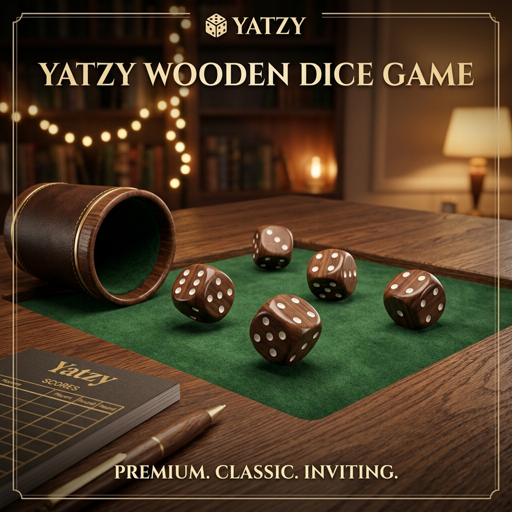 Yatzy wooden dice and score pad on a warm tabletop scene